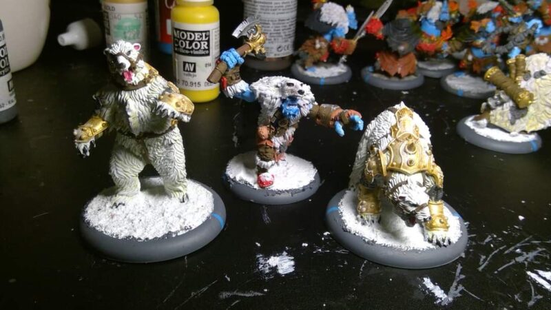 Freshly painted unit of Trollblood Battle Bears and Bear Handler