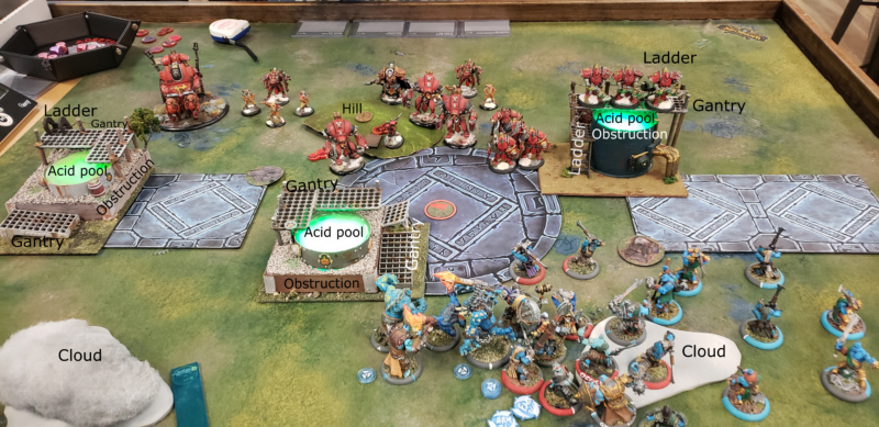 Layout of the table after turn 1 for both players. Showing the terrain types and charge lane between Irusk and the Fennblades.